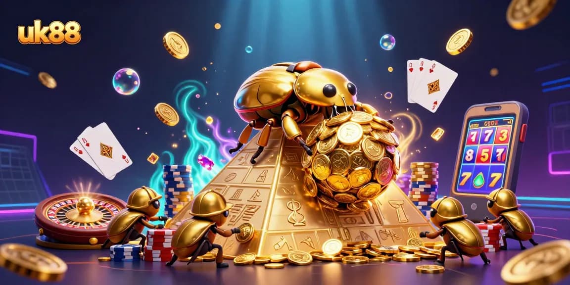 Spin to win with uk88 as golden coins cascade and beetles assist in the cosmic gamble.