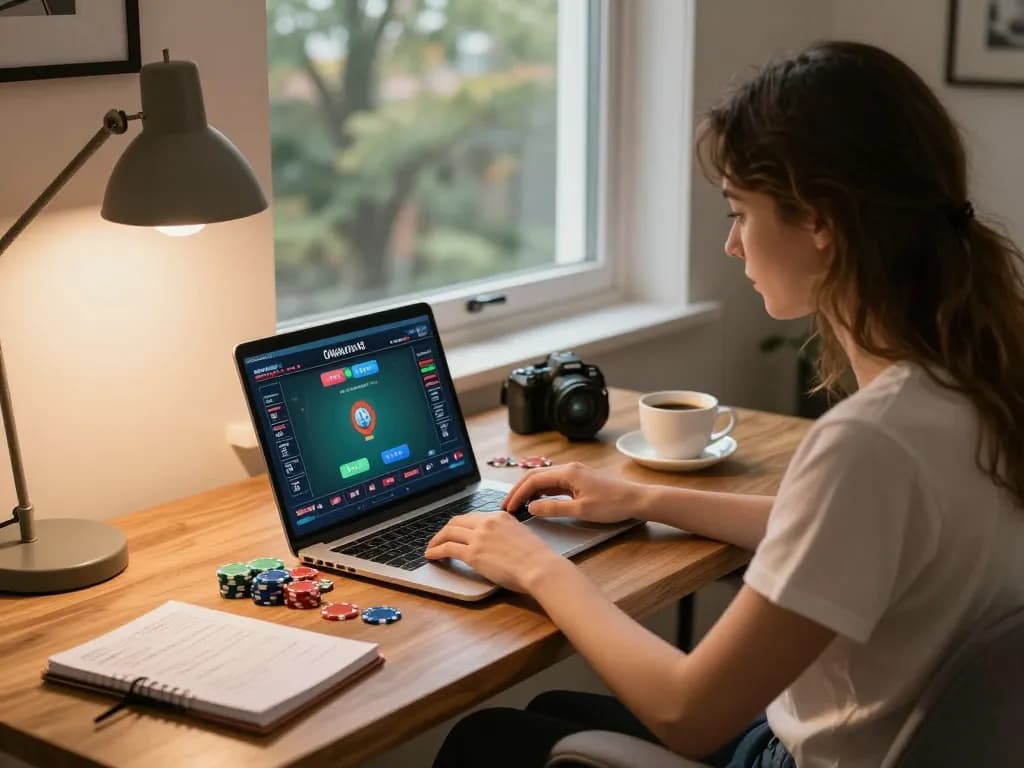 Engaged player at https://da88.navy/ practicing poker strategies in a cozy home setting with vibrant materials.
