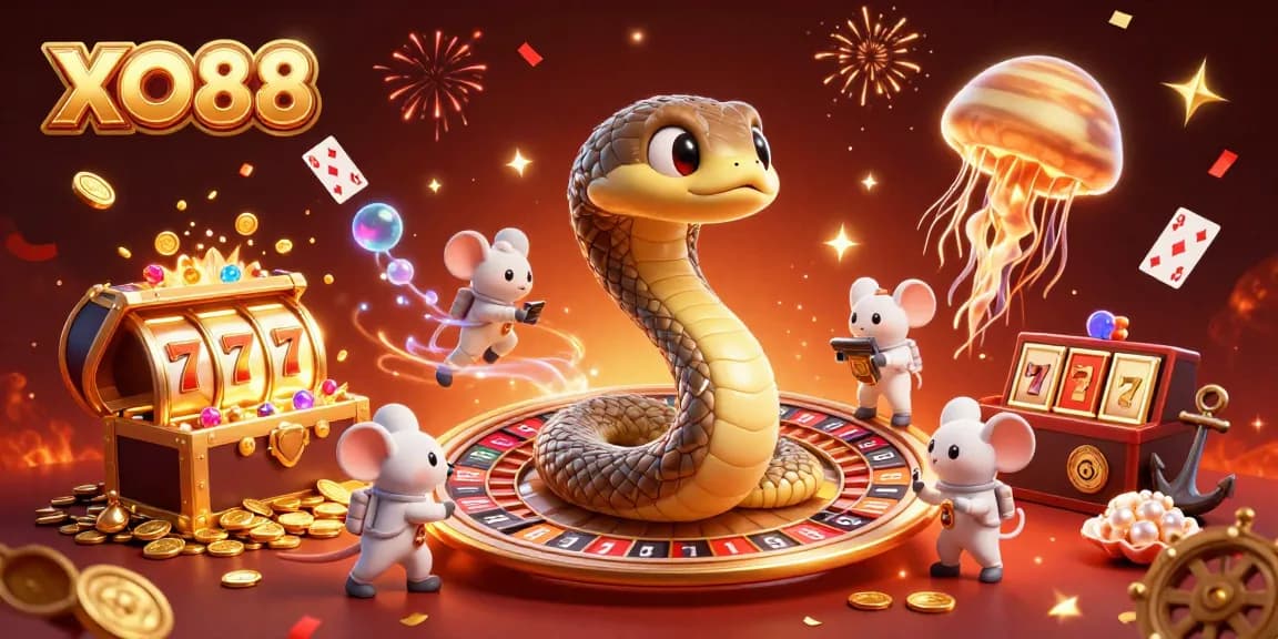 Interactive scene of XO88 featuring a Saturn ring snake roulette and gambling astronaut mice.
