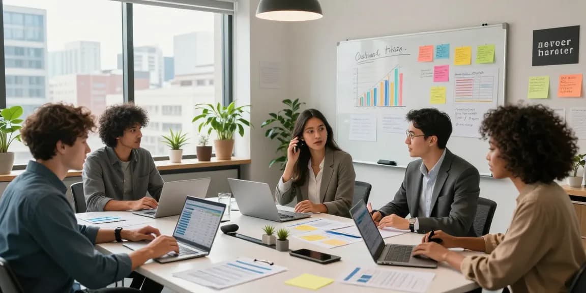 Business accounting for small business team collaborating with reports in a vibrant office.