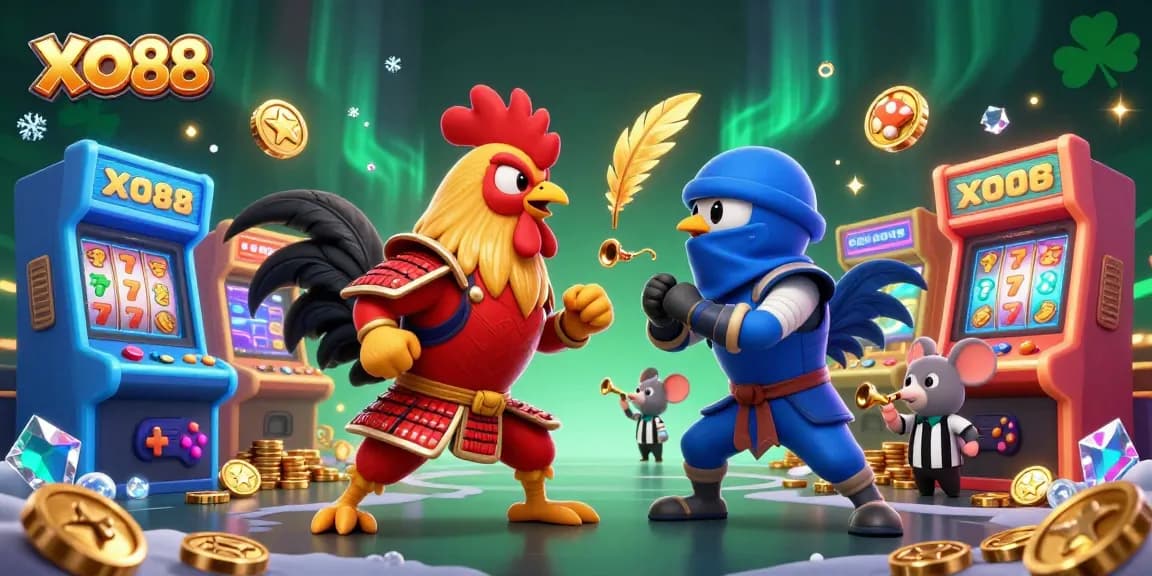 Engage in thrilling gambling at XO88 with dynamic 3D cartoon roosters in an intense showdown.