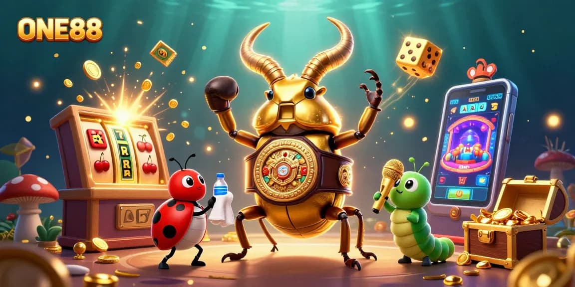 Experience thrilling gaming with ONE88's vibrant 3D casino scene showcasing popular slot machines and lively characters.