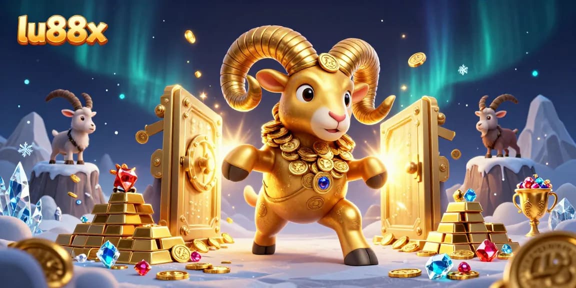 Experience the thrill of lu88x with a dynamic portrayal of a golden ram charging through treasures.