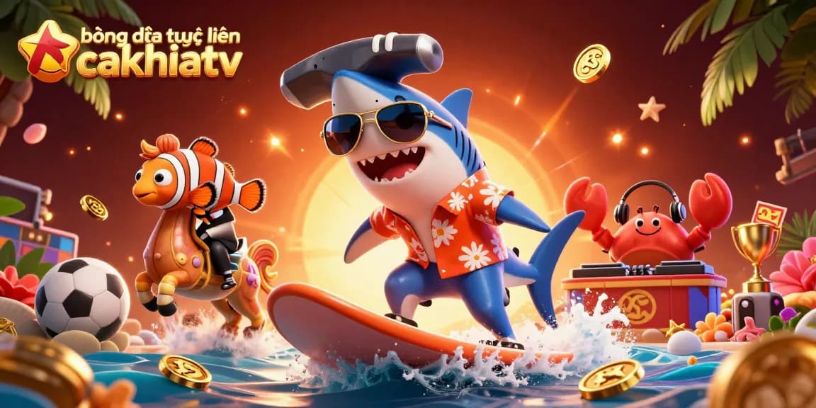 Engage in bóng đá trực tuyến cakhiatv with vibrant characters surfing on gold coins while enjoying sports betting.