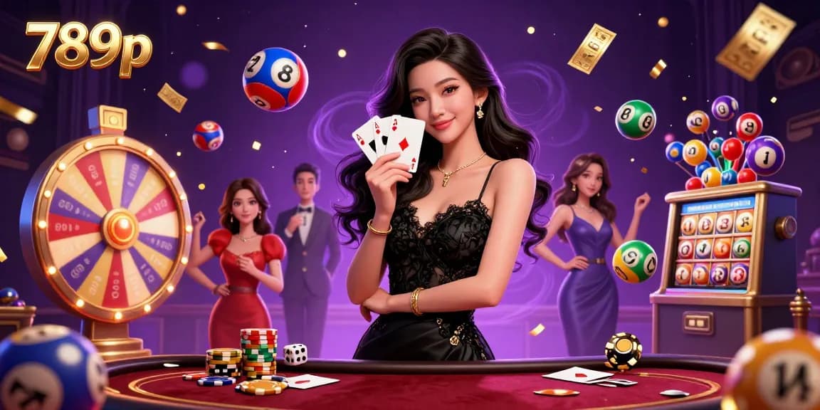 Experience thrilling gameplay with 789p as the elegant woman showcases her ace cards against a vibrant casino backdrop.