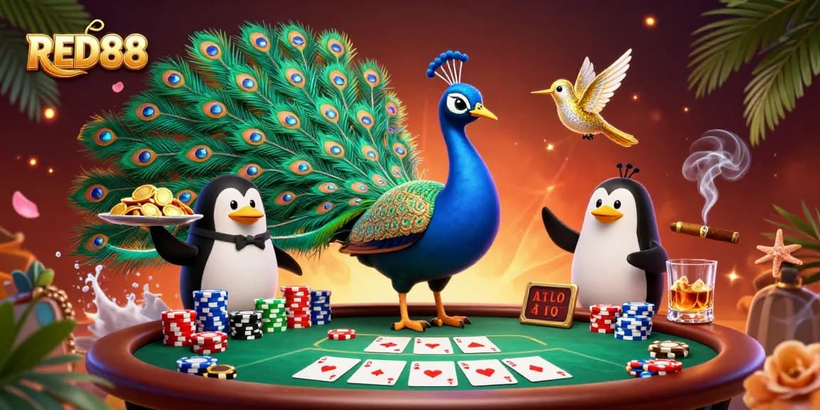 Experience the thrill of RED88 with vibrant poker elements and unique characters in a colorful casino setting.