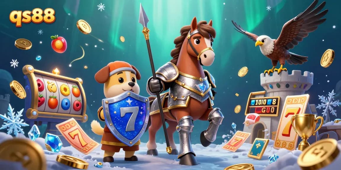 qs88 knights and squires celebrating casino wins with slot machines and golden coins