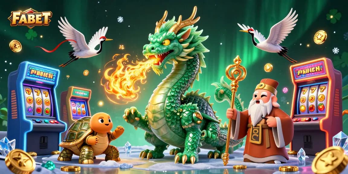 FABET showcases an exciting 3D gaming scene with a jade dragon celebrating jackpots, drawing in players and excitement.