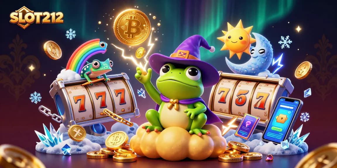 SLOT212 unleashes thrilling wins with a wizard frog and chameleon surfing through a storm of golden coins in an exciting slot game.