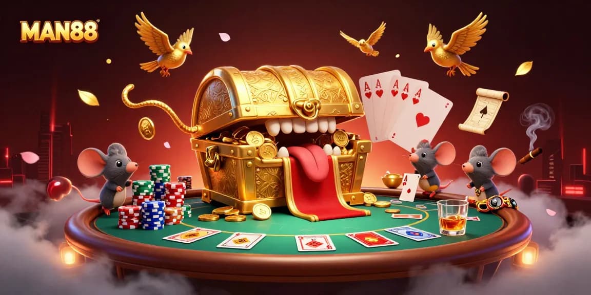Engage in thrilling gaming at MAN88 with a vibrant casino scene featuring treasure and poker elements.