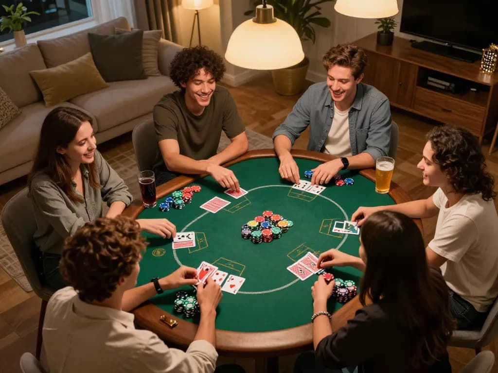 Friends enjoying a poker game at home showcasing open88k in a vibrant and competitive atmosphere.