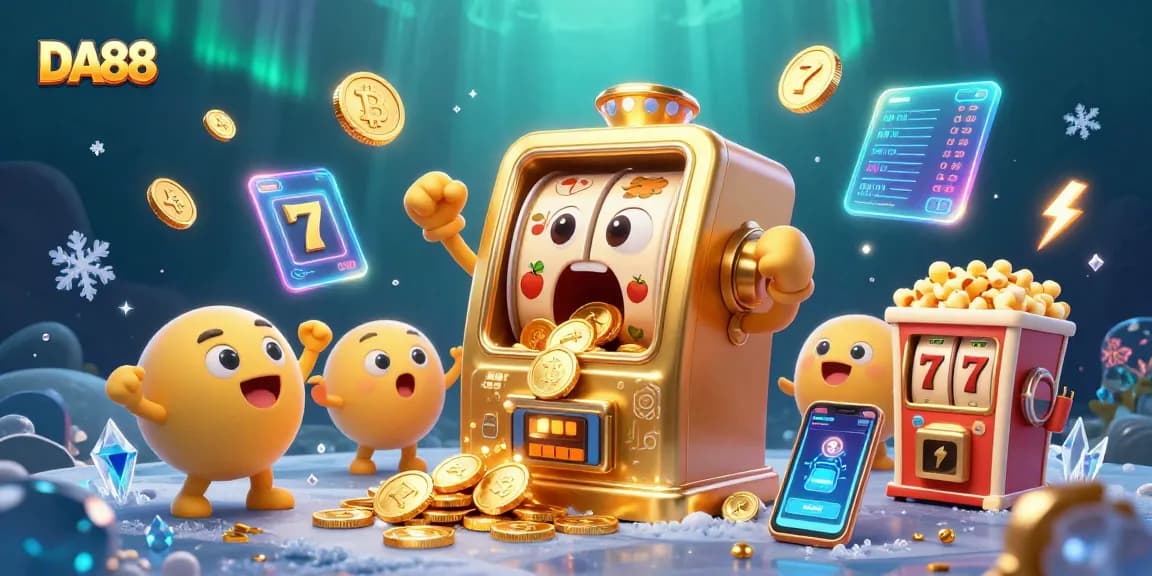 Celebrate big wins at DA88 with vibrant slot machines and joyful characters amidst dynamic casino elements.