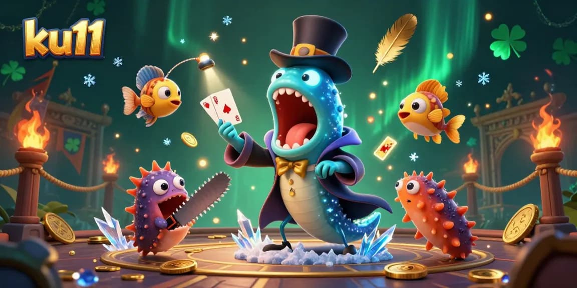 Experience exciting gambling magic with ku11 characters performing card tricks in a vibrant 3D scene.