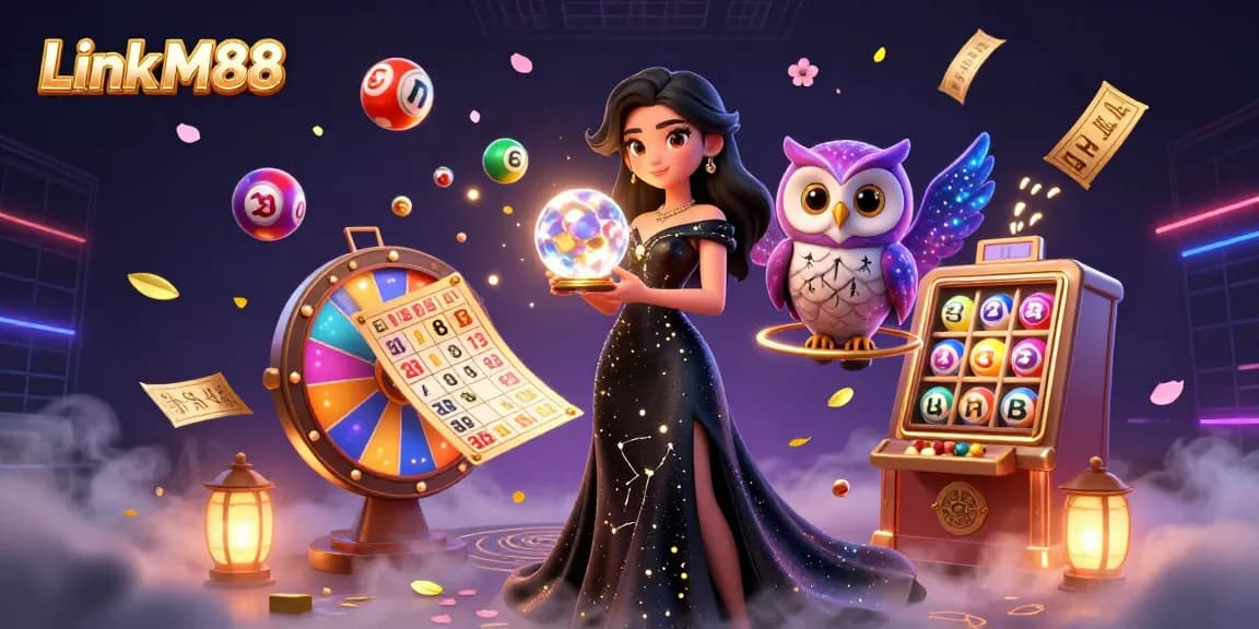 Play and win at Link M88 with vibrant games like lottery balls and bingo in a rich casino-themed illustration.