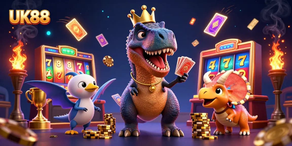 UK88's vibrant casino scene features a cartoon T-Rex shuffling cards and a baby triceratops stacking chips.