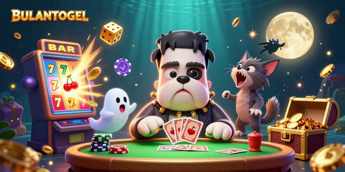 BULANTOGEL showcases a thrilling casino scene with characters, cards, and jackpots bursting with excitement.