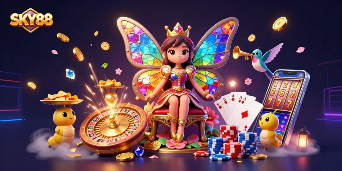 Experience the thrill of SKY88 casino gaming with vibrant 3D characters and dynamic elements.