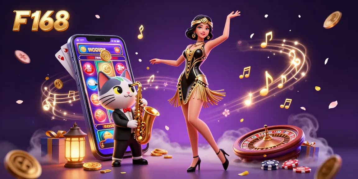 Experience F 168 with vibrant casino excitement featuring a stylish dancer and musical saxophone cat.