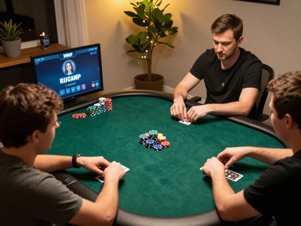 Players engaged in a virtual poker game on one88h with chips and cards visible, capturing exciting online casino action.