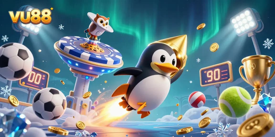 Win big with vu88 as a golden penguin heads toward a vibrant casino in space.