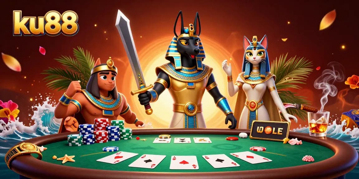 Engage at ku88 with a vibrant 3D scene featuring Anubis and Bastet on a bustling poker table.