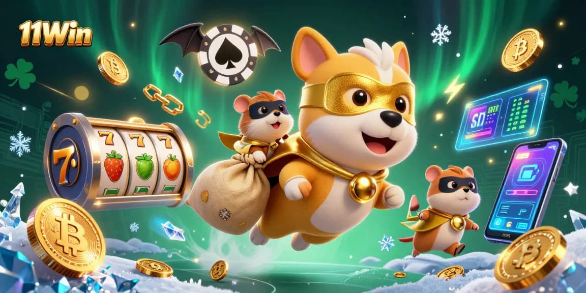 Win big with 11Win in an exciting 3D illustration featuring superhero dog and vibrant casino elements.