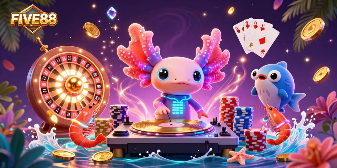 Experience the excitement of FIVE88 with a vibrant, dynamic 3D casino scene featuring an axolotl DJ and playful sea creatures.