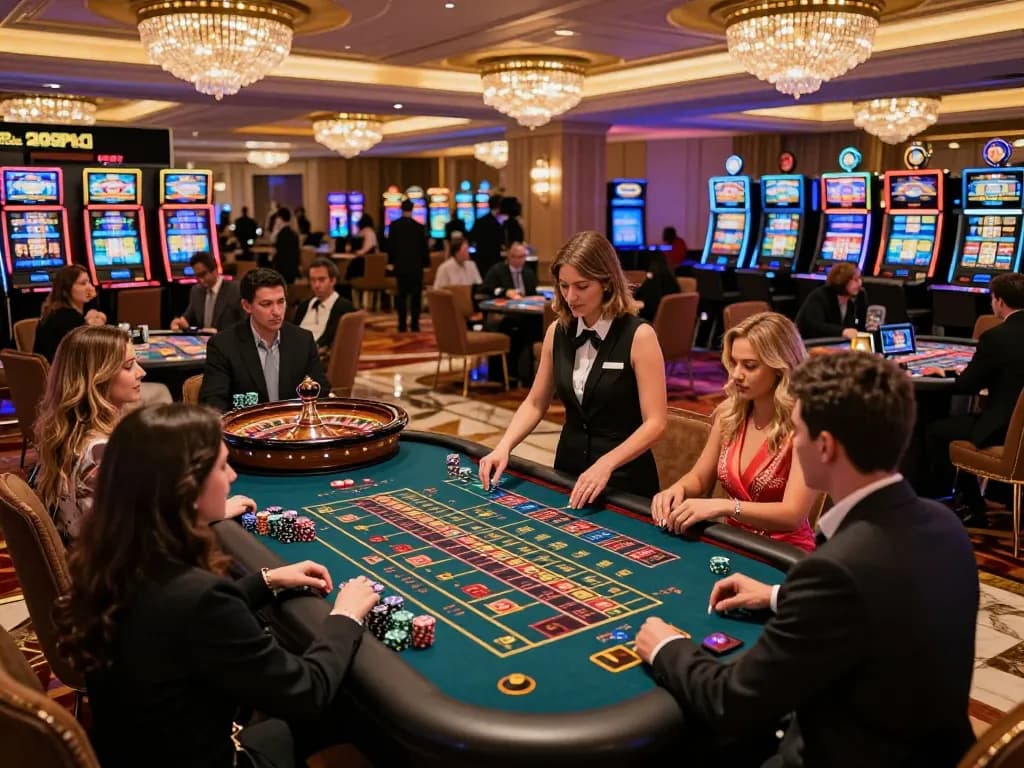 Players enjoying roulette at F1688 casino, vibrant atmosphere and upscale decor, creating an exciting experience.
