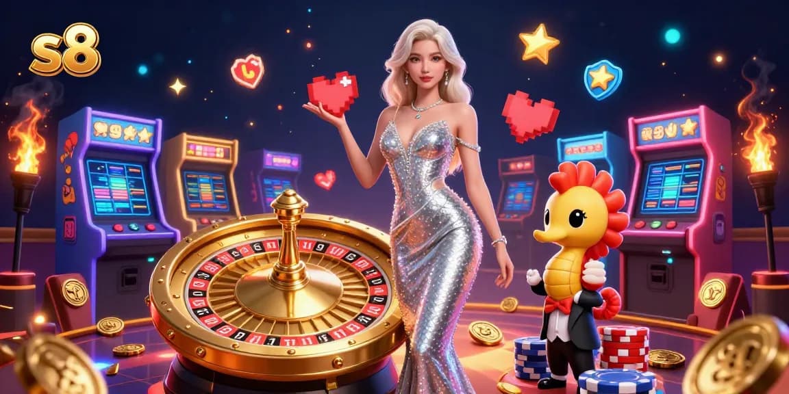 S8 players spin on a golden roulette wheel with vibrant gaming elements and characters in the casino.