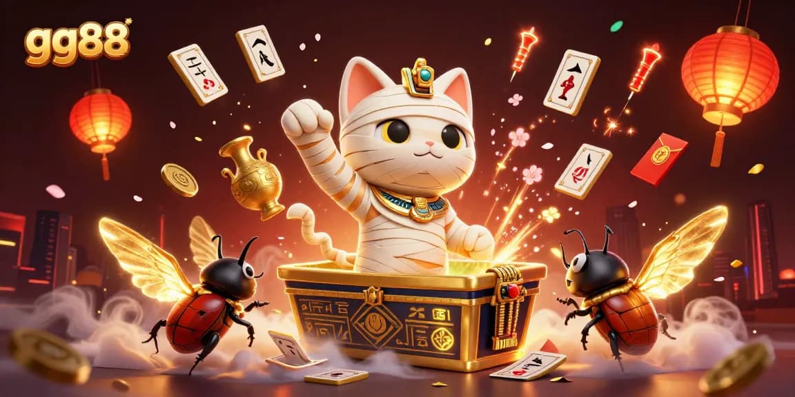 A vibrant scene of GG88 with a 3D cartoon Egyptian mummy cat unveiling jalousie in a pyramid casino, stylishly featuring dynamic game elements.