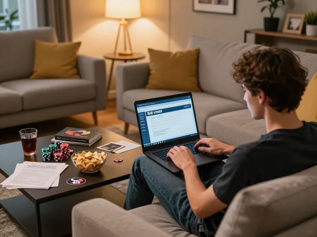 Engaging home scene for đăng ký VIN88 online gaming, showcasing a player on a laptop with poker chips and strategy notes.
