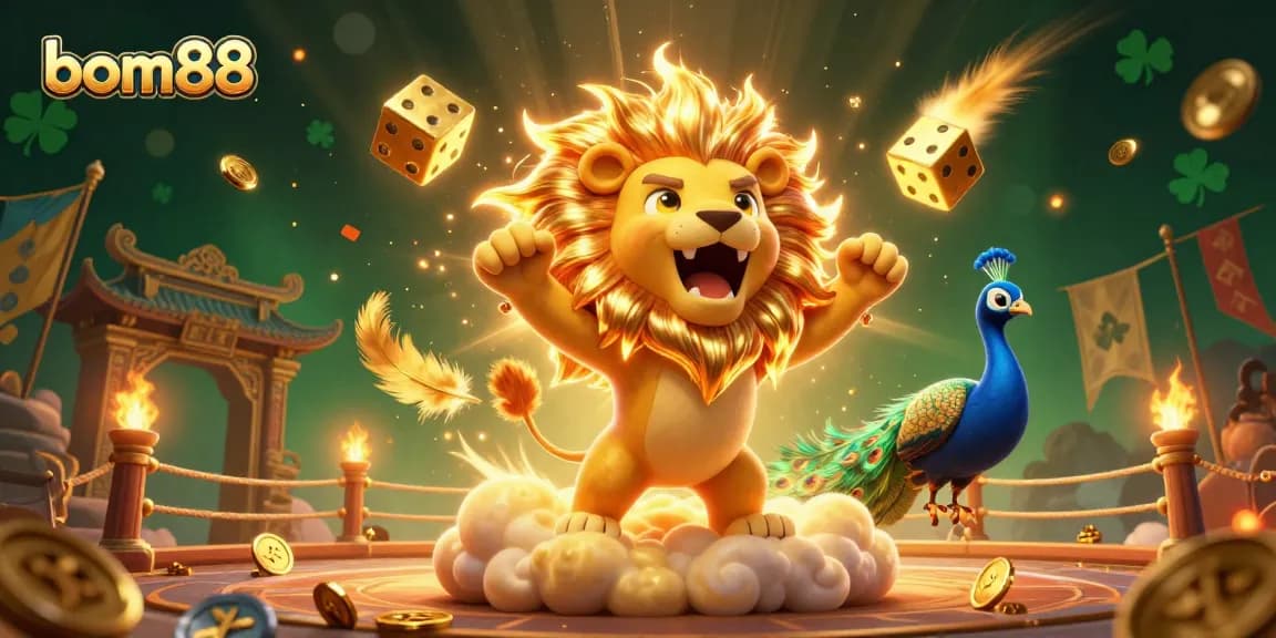 Play exciting games at bom88, where the sun lion leads thrilling casino action amidst golden elements.
