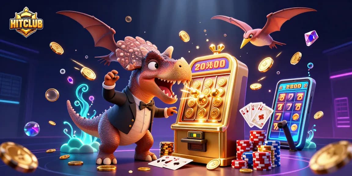 HITCLUB features a thrilling scene with cartoon dinosaurs celebrating jackpot wins and flying coins.