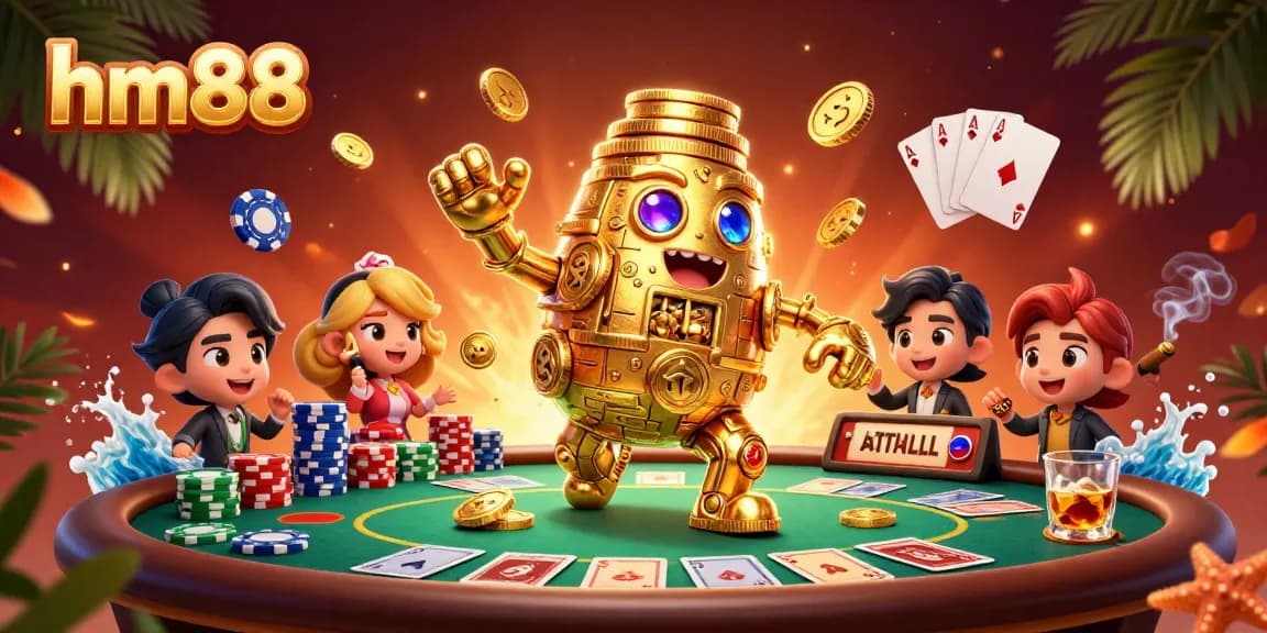 Spin the reels and win big with hm88 at this vibrant, 3D golden casino scene.