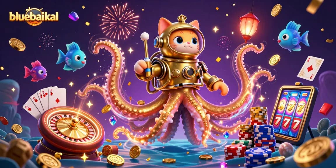 Engage in the exciting world of bluebaikal with a vibrant 3D casino-themed illustration.