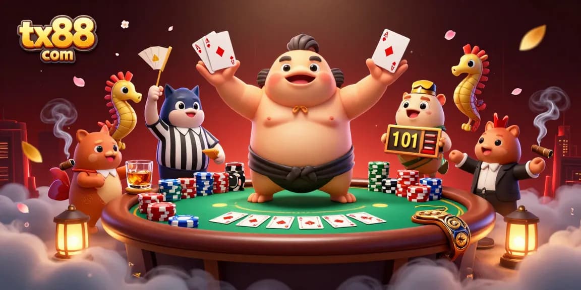 Play poker at tx88 com featuring a vibrant underwater casino scene filled with unique characters and rich details.