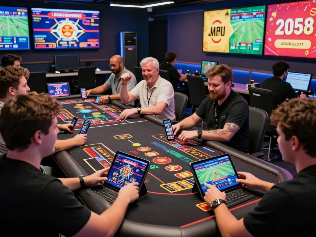 Dynamic online gambling experience at MMOO with diverse users enjoying live dealer games and sports betting.