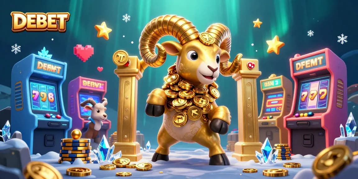 Engage in thrilling gameplay with DEBET at the vibrant casino featuring slot reels and golden ram.