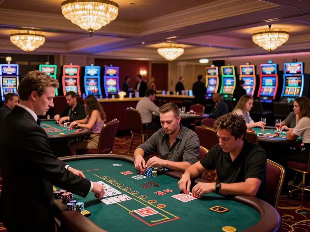 Engaging scene of players at a blackjack table in an upscale casino, showcasing the excitement of gambling on YOU789.