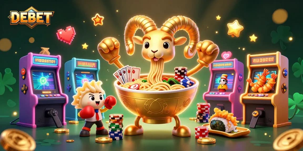 Engaging casino scene with DEBET showcasing a giant ramen bowl dealing cards amidst arcade machines and colorful game elements.