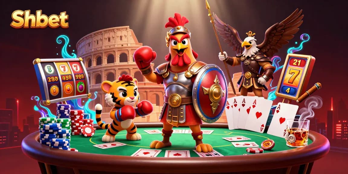 Experience Shbet casino action with a 3D gladiator rooster and sparring tiger cub amidst vibrant slots and poker elements.