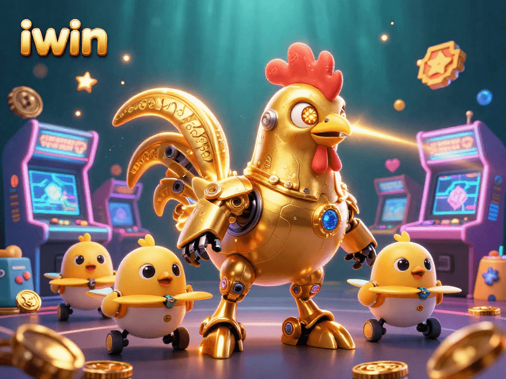 Engage with the iwin casino experience featuring a golden rooster robot and vibrant gaming elements.