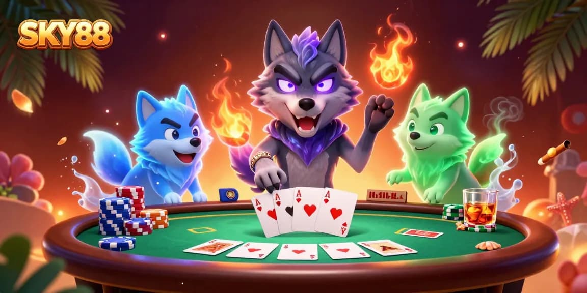 Engage with thrilling poker strategies at SKY88 with dynamic visual elements and characters.