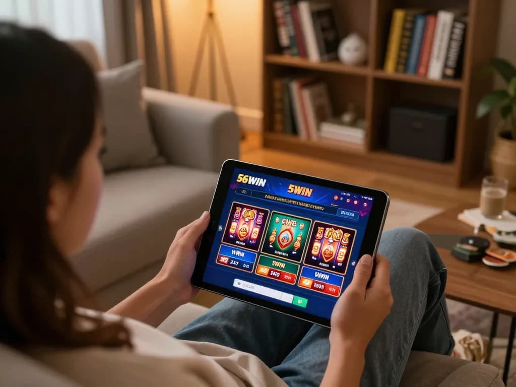 Engaging in online gaming tại 56WIN on a tablet in a cozy living room