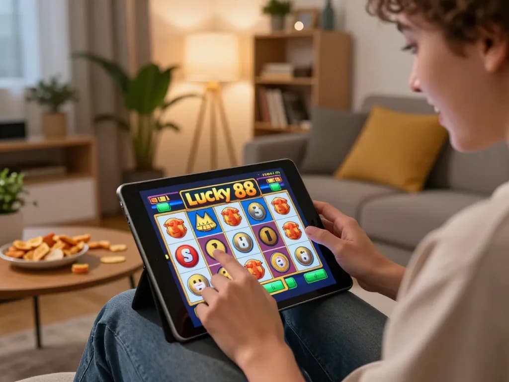 Experience the thrill of playing Lucky 88 slots on a tablet in a cozy home setting