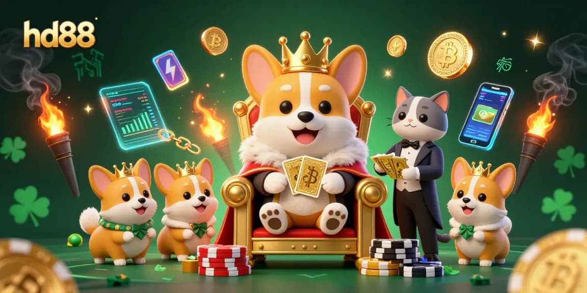 Join the royal corgi on its hd88 throne surrounded by golden card decks and cryptocurrency elements for thrilling victories!