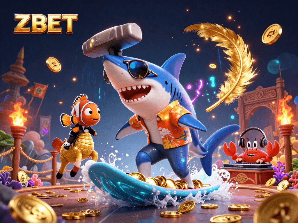 ZBET gains excitement with a vibrant scene featuring a shark surfing on gold coins while a crab DJ spins music.