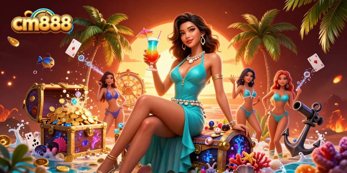 A stunning beach scene illustrating cm888 showcasing a glamorous Asian woman with a tropical cocktail among casino elements like poker cards and gold coins.
