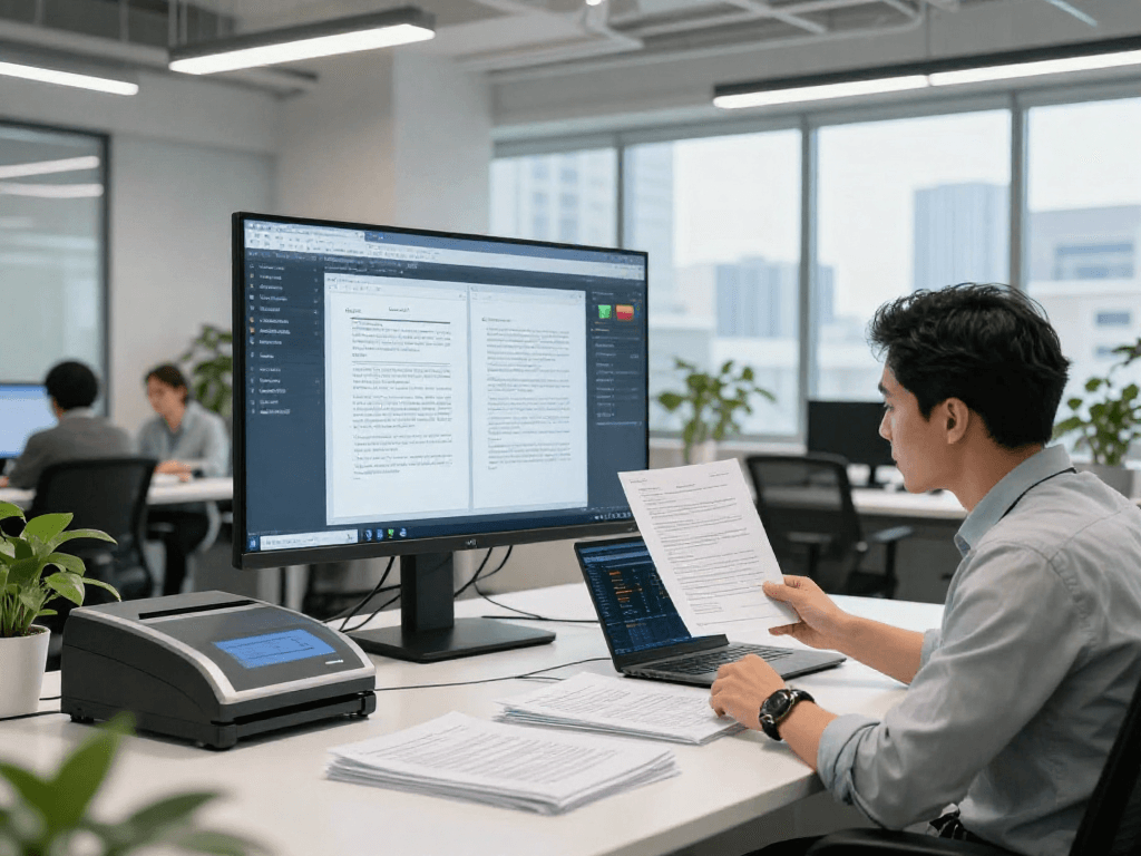Enhanced document fraud detection tools in a modern office, cybersecurity analyst reviewing digital documents and printed materials.