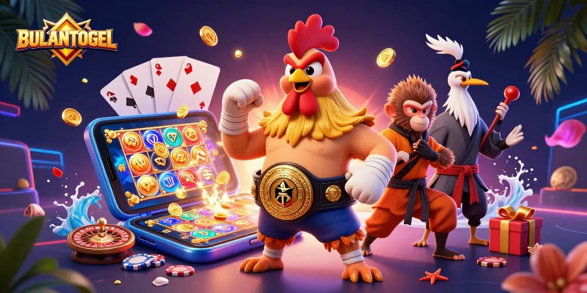 BULANTOGEL showcases a vibrant 3D casino scene featuring unique characters amidst dynamic gaming elements.